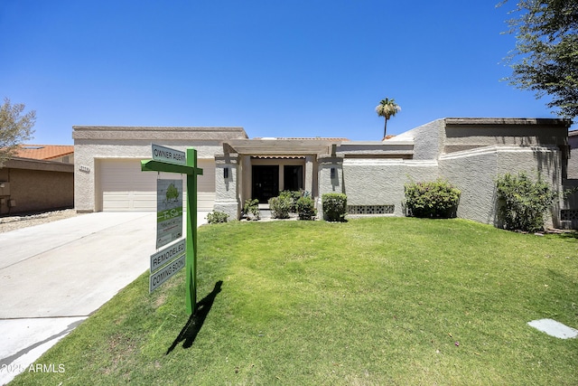 10538 E Gold Dust Cir, Scottsdale, AZ 85258 - view of front facade with a garage, driveway, a front lawn, stucco siding, and a pergola