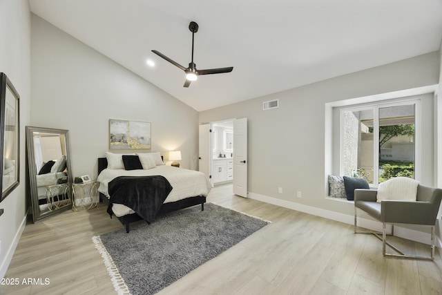 10538 E Gold Dust Cir, Scottsdale, AZ 85258 - bedroom with high vaulted ceiling, light wood finished floors, a ceiling fan, and ensuite bath