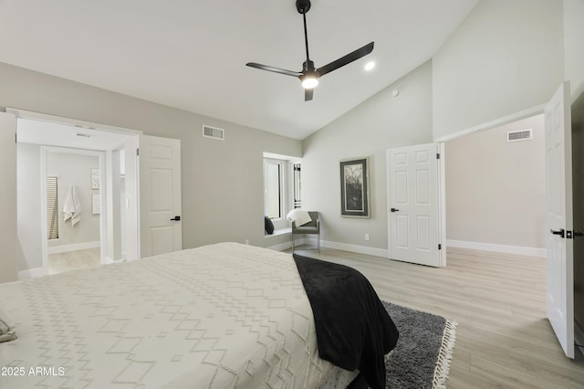 10538 E Gold Dust Cir, Scottsdale, AZ 85258 - bedroom with light wood-type flooring, ceiling fan, and high vaulted ceiling