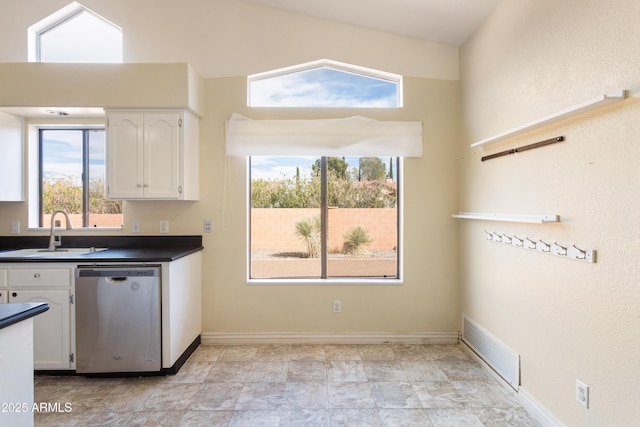 kitchen featuring dark countertops, visible vents, stainless steel dishwasher, white cabinetry, and a sink