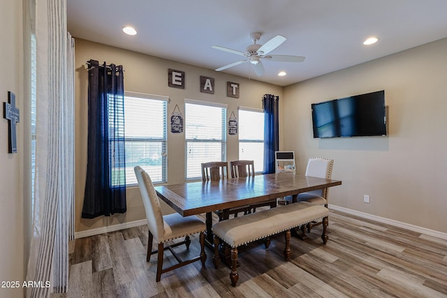 dining area featuring recessed lighting, baseboards, ceiling fan, and wood finished floors
