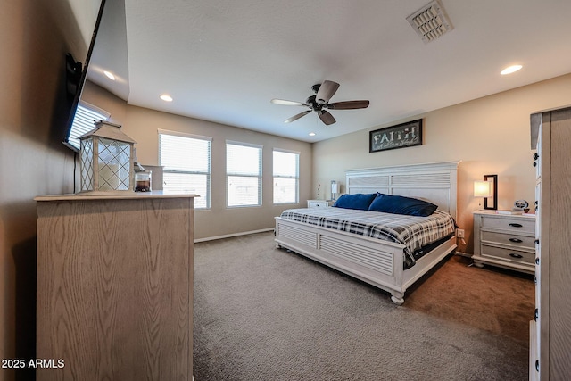 carpeted bedroom with recessed lighting, visible vents, baseboards, and ceiling fan