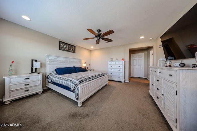 carpeted bedroom with recessed lighting and ceiling fan
