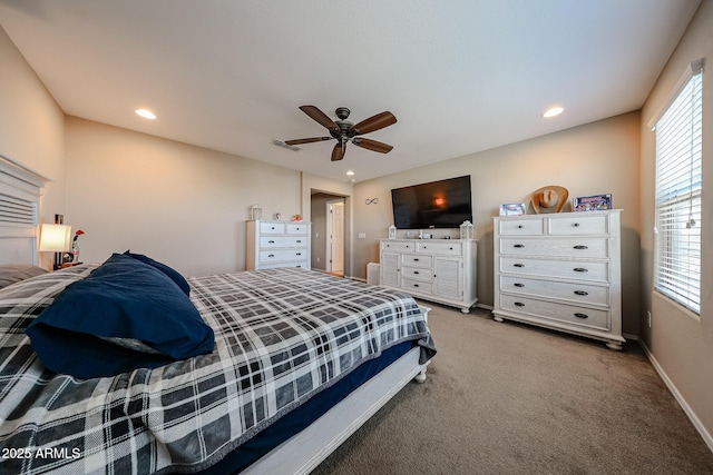 carpeted bedroom featuring visible vents, recessed lighting, baseboards, and ceiling fan