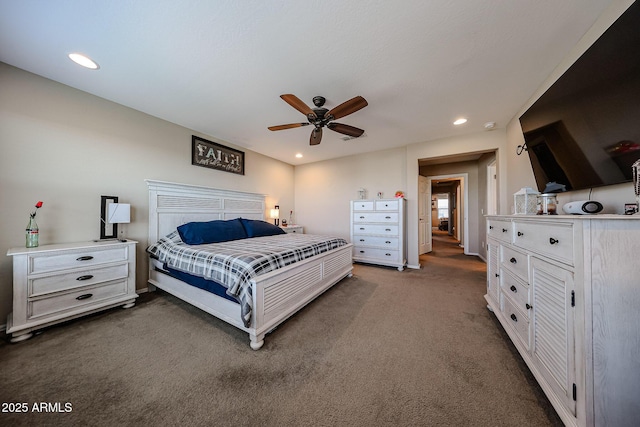 bedroom with recessed lighting, carpet, and a ceiling fan