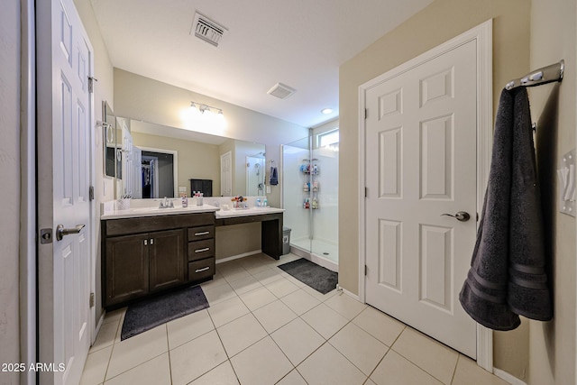 bathroom featuring vanity, a shower stall, visible vents, and tile patterned floors