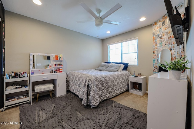 carpeted bedroom with recessed lighting and ceiling fan