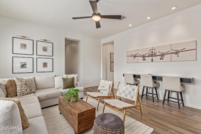 3400 S Whetstone Pl, Chandler, AZ 85286 - living room featuring baseboards, ceiling fan, wood finished floors, and recessed lighting