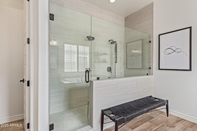 3400 S Whetstone Pl, Chandler, AZ 85286 - bathroom featuring a shower stall, baseboards, and wood finished floors