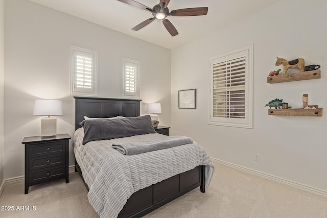3400 S Whetstone Pl, Chandler, AZ 85286 - bedroom with light colored carpet, baseboards, and ceiling fan