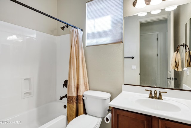 bathroom featuring shower / bath combination with curtain, toilet, and vanity