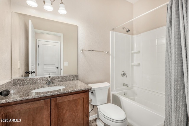 4151 Big Bend St, Sierra Vista, AZ 85650 - full bathroom featuring toilet, shower / bath combo with shower curtain, a textured wall, and vanity