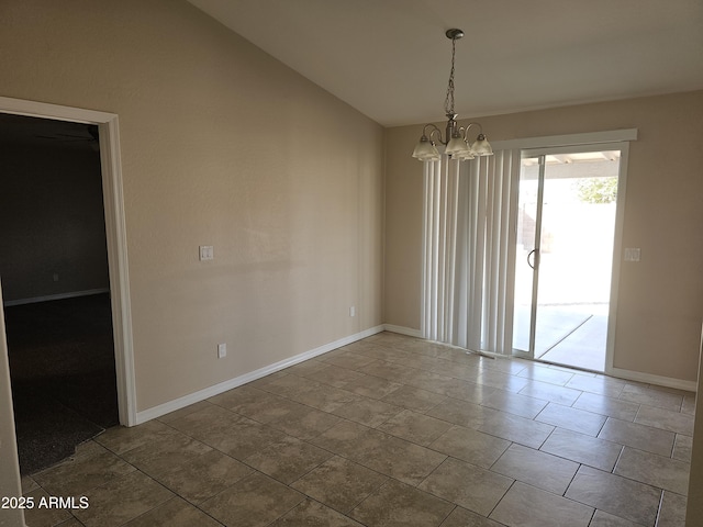 unfurnished room featuring tile patterned flooring, lofted ceiling, and an inviting chandelier