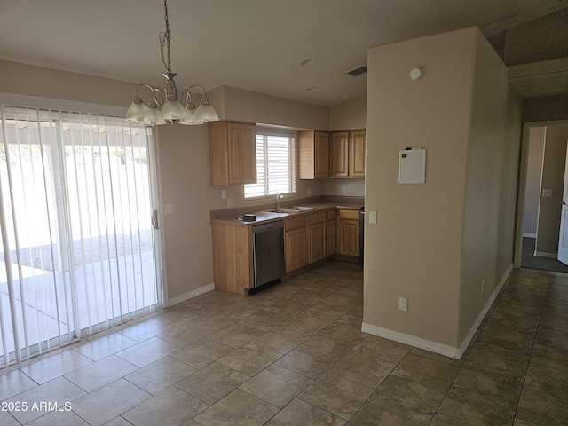 kitchen with stainless steel dishwasher, sink, hanging light fixtures, and light brown cabinets