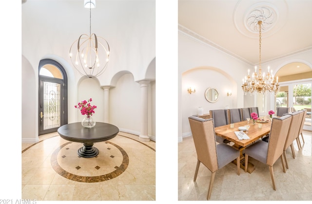 dining area featuring ornate columns, ornamental molding, and a chandelier