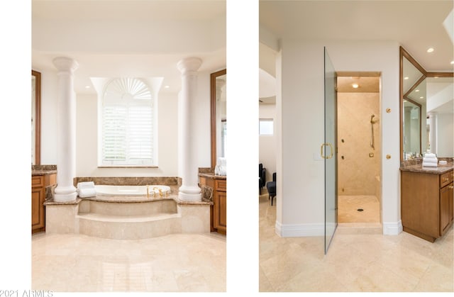 bathroom with vanity, decorative columns, and independent shower and bath