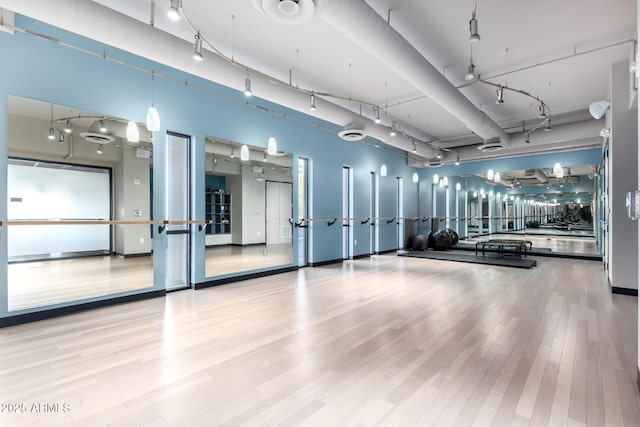 workout area featuring light hardwood / wood-style floors