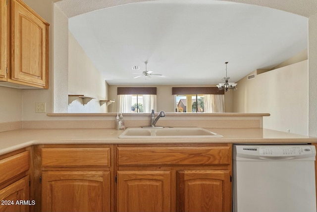 kitchen with ceiling fan with notable chandelier, vaulted ceiling, sink, decorative light fixtures, and dishwasher