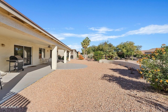 view of yard featuring a patio area and ceiling fan