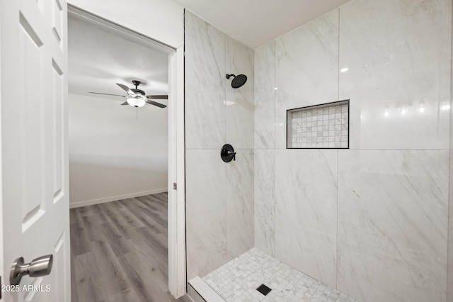 1427 W 6th Dr, Mesa, AZ 85202 - bathroom with a marble finish shower, wood finished floors, and a ceiling fan