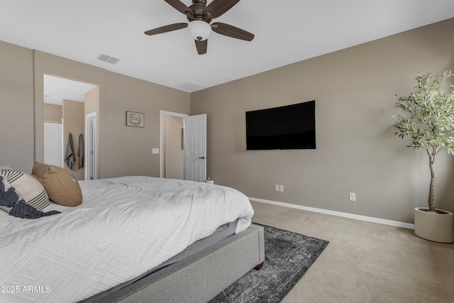 bedroom with carpet, baseboards, and a ceiling fan