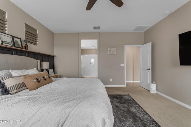 bedroom featuring carpet, baseboards, ceiling fan, and connected bathroom