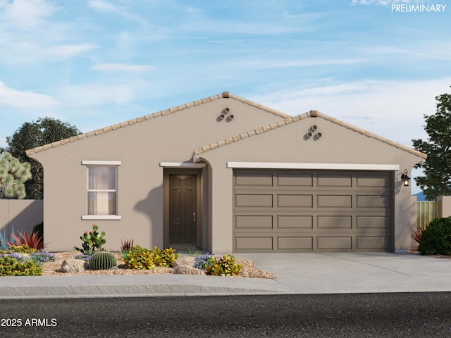 single story home with concrete driveway, stucco siding, a tile roof, and a garage