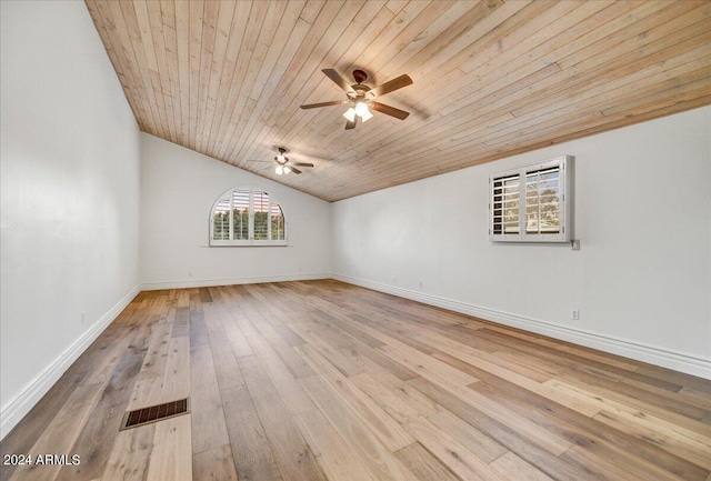 spare room with ceiling fan, wood ceiling, lofted ceiling, and light hardwood / wood-style floors