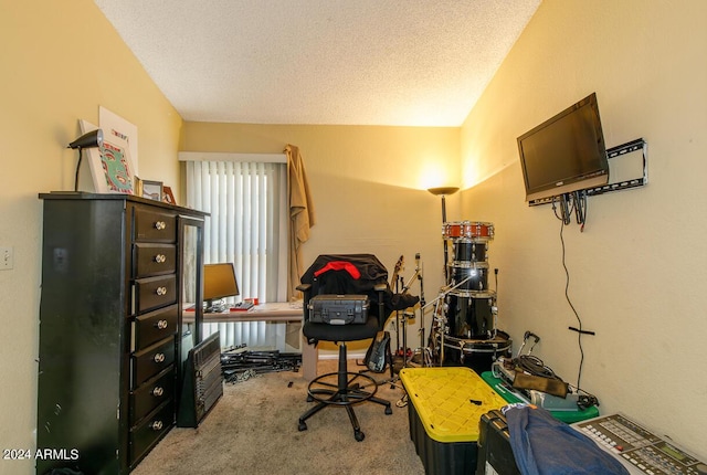 carpeted home office featuring a textured ceiling