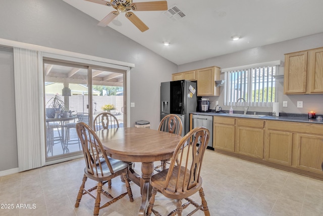 5769 E Good Pasture Ln, Florence, AZ 85132 - dining room with vaulted ceiling and a ceiling fan
