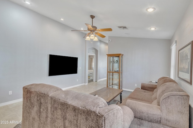 5769 E Good Pasture Ln, Florence, AZ 85132 - living area with a ceiling fan, arched walkways, and recessed lighting