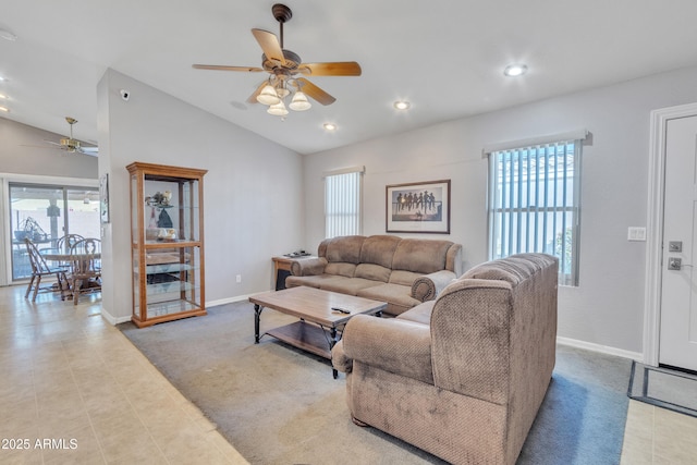 5769 E Good Pasture Ln, Florence, AZ 85132 - living area featuring a ceiling fan, plenty of natural light, lofted ceiling, recessed lighting, and light tile patterned floors