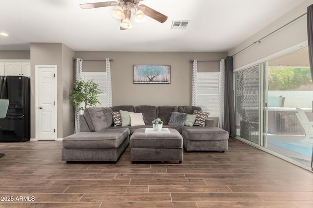 3719 E Sandy Way, Gilbert, AZ 85297 - living room featuring wood finished floors, a ceiling fan, and recessed lighting