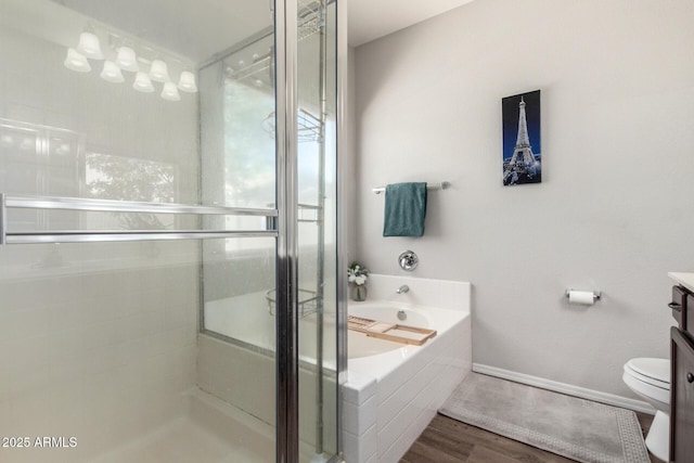 3719 E Sandy Way, Gilbert, AZ 85297 - full bath featuring a shower stall, a bath, wood finished floors, and vanity