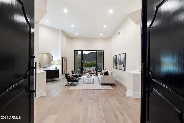 foyer entrance with light hardwood / wood-style floors