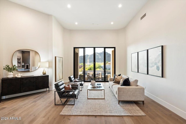 living room featuring light wood-type flooring, a mountain view, and a high ceiling