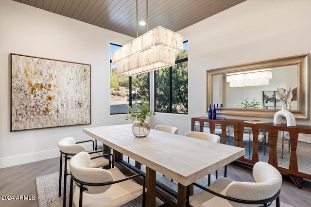 dining room featuring wood ceiling and hardwood / wood-style flooring