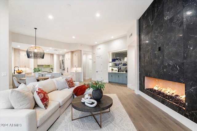 living room featuring a premium fireplace and hardwood / wood-style floors