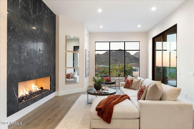 living room with a mountain view, a tiled fireplace, and wood-type flooring