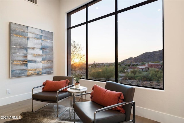 living area featuring a mountain view and hardwood / wood-style flooring