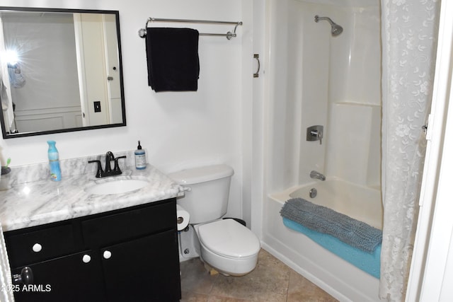 bathroom with toilet, tile patterned floors, vanity, and shower / bathtub combination with curtain