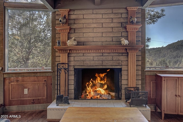 room details featuring an outdoor brick fireplace and wood finished floors