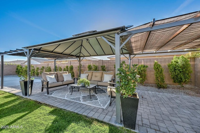 view of patio with a fenced backyard, an outdoor living space, and a pergola