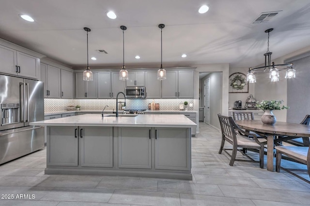 kitchen with stainless steel appliances, visible vents, a sink, and gray cabinetry