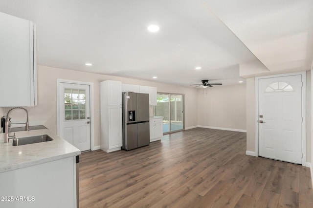 556 S Forest, Mesa, AZ 85204 - kitchen with stainless steel fridge with ice dispenser, ceiling fan, wood finished floors, white cabinetry, and recessed lighting