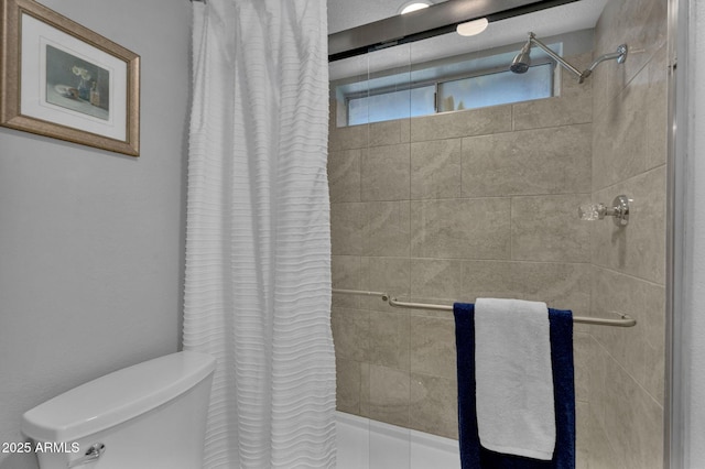 full bathroom featuring a shower stall and toilet