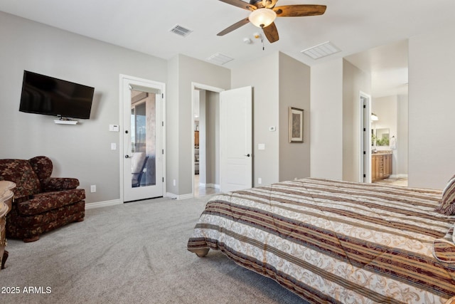 bedroom with ensuite bath, ceiling fan, and light carpet