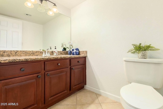 bathroom featuring toilet, tile patterned floors, visible vents, baseboards, and vanity