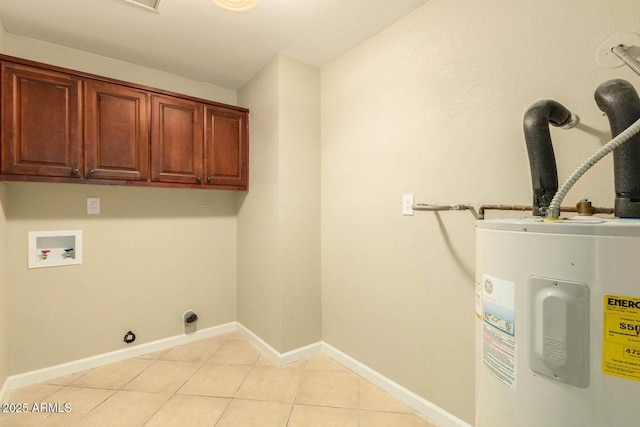 clothes washing area with cabinet space, electric water heater, light tile patterned floors, electric dryer hookup, and washer hookup