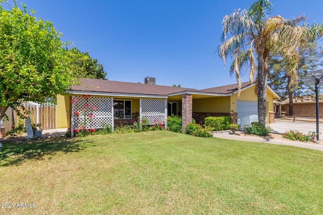 single story home featuring driveway, brick siding, fence, a garage, and a front lawn